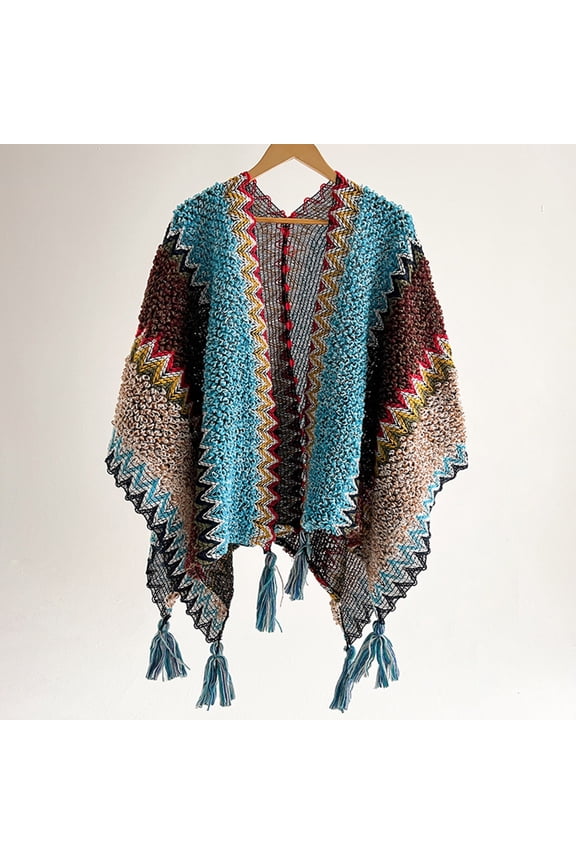 Retro Split Tassel Scarf Shawl for Women Thick Knitted Warm Wrap Fall Winter Chunky Fringed Shoulder Cape Lightweight One Size, Sky Blue,One Size