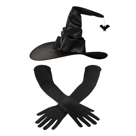 siminsem Ruched Witch Hat for Women Halloween with Long Gloves Oversized Wide Brim Pointed Cone Witches Hats Adult Accessory Set for Party Cosplay Masquerade, Grey,One Size