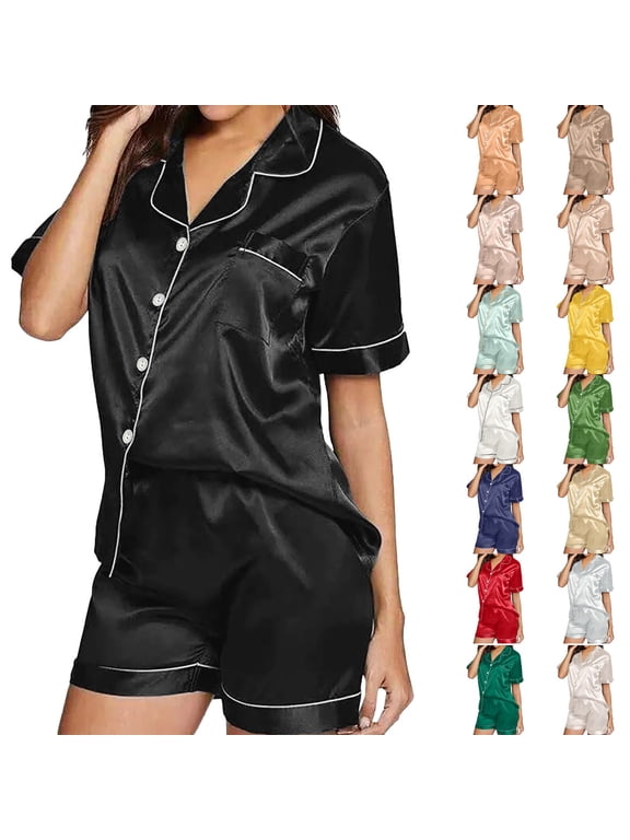Satin Pajama Set for Women Button Down 2 Piece Sleepwear Ruffled Shorts Set Silky Notch Collar Pjs Loungewear Breathable Comfy Summer Nightwear Gift for Her, A,L