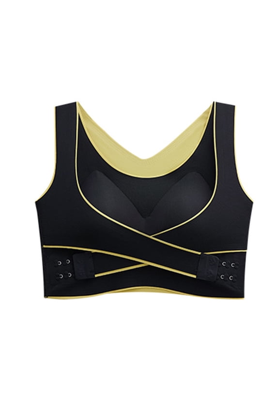 Seamless Wireless Bra Front Closure for Women, No Underwire Full Coverage Cross Over Snap Bra with Wide Side Wings for Double Breast Correction, Black,XL