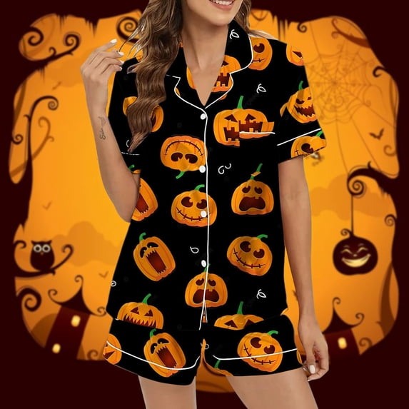 siminsem Short Sleeve Satin Pajama Set with Graphic Print for Women Button Front Top and Matching Shorts 2 Piece Cute Sleepwear Loungewear Nightwear, Black,XXXL