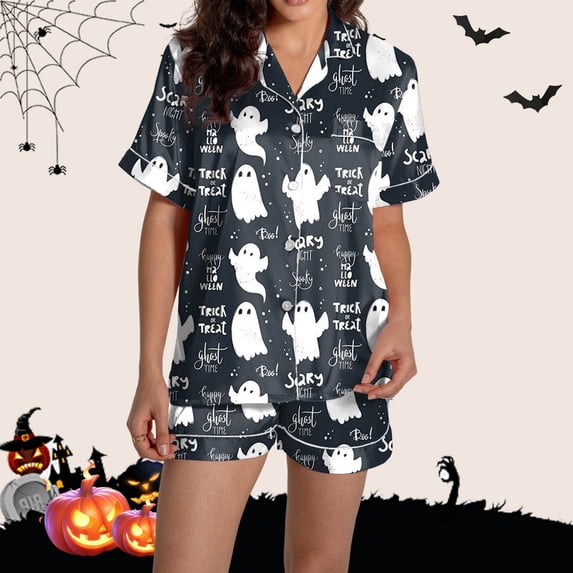siminsem Silky Satin Pajama Set for Women Cute Printed Button Front Short Sleeve Sleepwear Top with Matching Lounge Shorts Lightweight Loungewear Pj Set for Home, Navy,XL
