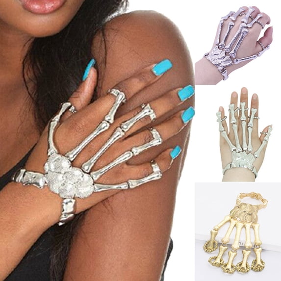 siminsem Skull Finger Bracelet Gothic Punk Gloves for Men Women Adjustable Metal Skeleton Hand Halloween Accessory Nightclub Party Cosplay Prop 1 Pair, Silver,One Size