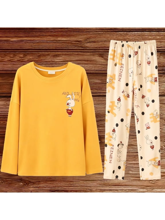 Soft Warm Printed Fleece Pajama Set for Women Long Sleeve Top and Matching Pants 2 Piece Loungewear Sleepwear Cozy Winter Nightwear with Drawstring Waist Comfy Pjs S-XXL, Yellow,XXL