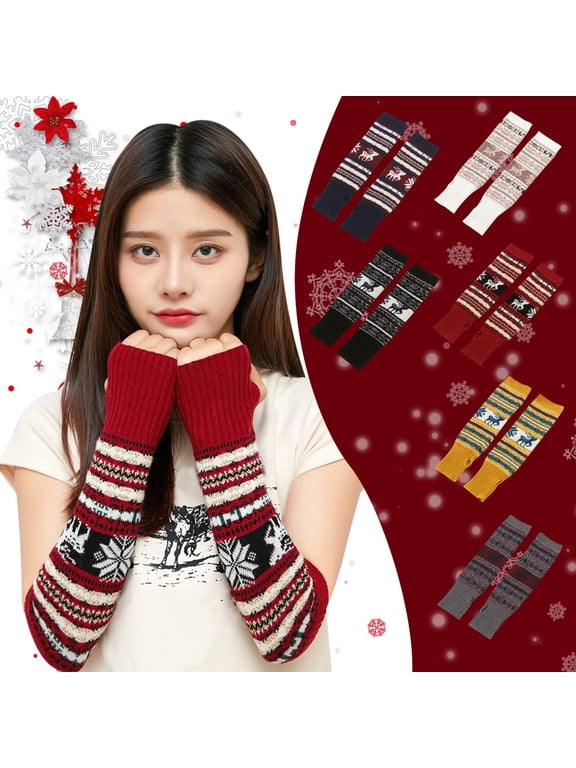 Touchscreen Winter Gloves for Women Half Finger Knit Snowflake Pattern Warm Wool Texting Fingerless Mittens Christmas Stocking Stuffers Holiday Gift for Her, Red,One Size