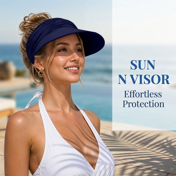 siminsem UPF 50+ Sun Visor Hat for Women Wide Brim Adjustable Ponytail Baseball Cap Lightweight Foldable Open Top Sports Hat UV Protection Beach Summer Outdoor Travel Cap, Navy,One Size