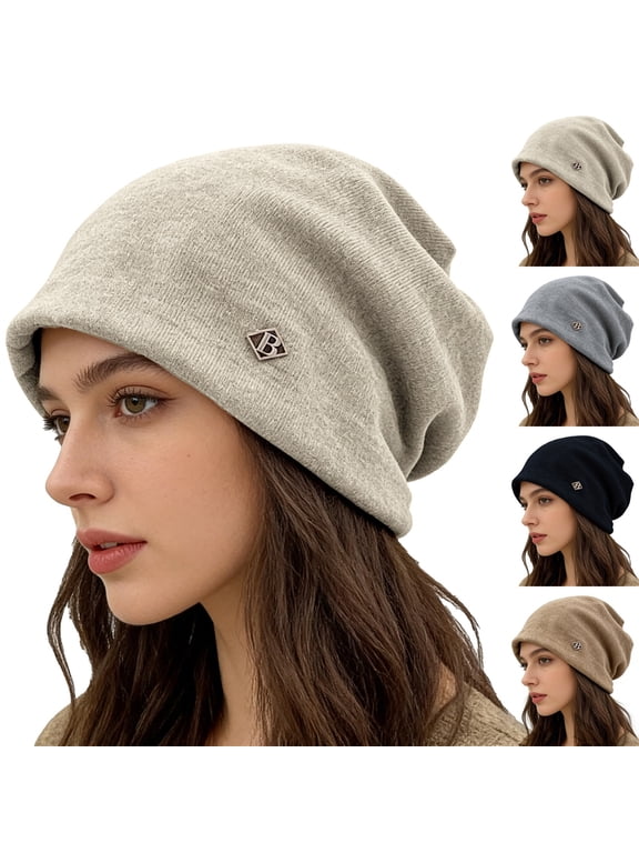 Unisex XXL Large Head Beanie with Metal Letter Label Windproof Oversized Knit Hat Slouchy Skull Cap Thermal Winter Cuffed Beanie for Big Heads Faces Slimming 1 Pack, Beige,One Size