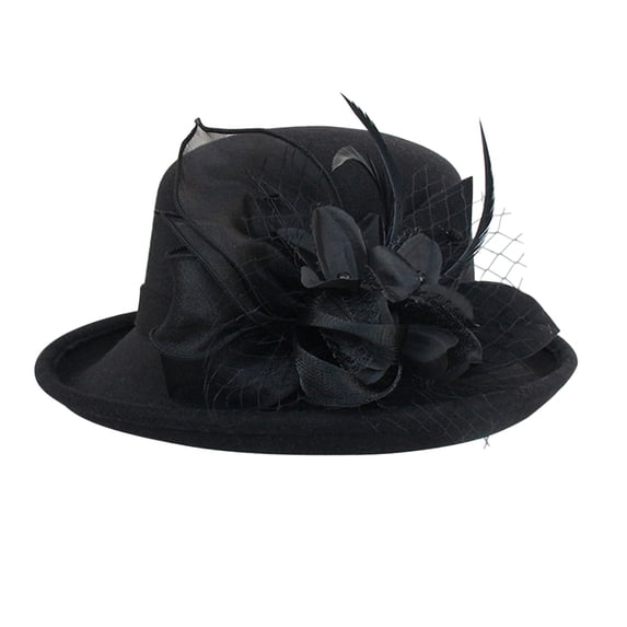 siminsem Vintage Winter Bowler Hat for Women Knitted Cloche Cap Round Top Bucket Hat with Floral Warm Fleece Lined Casual Fisherman Basin Cap for Church Party Daily Wear, Black,A