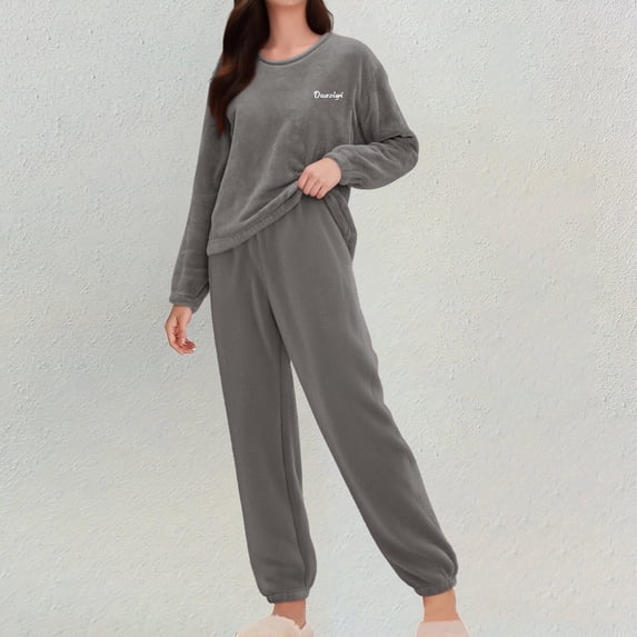siminsem Winter Warm Pajama Set for Women Coral Fleece Flannel Sleepwear 2 Piece Loungewear Thick Oversized Long Sleeve Pjs Cozy Soft V-Neck Top Elastic Waist Pants Gift for Her, Grey,L