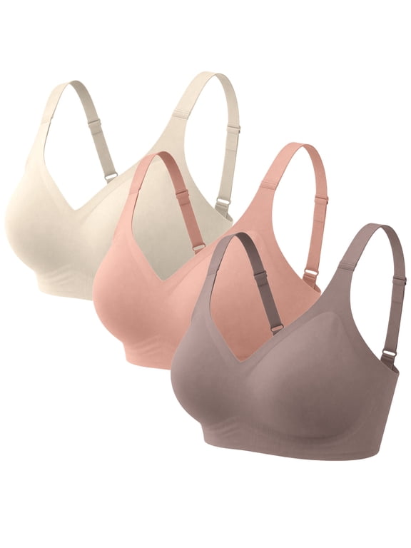 Wireless Bras for Women Full Coverage Seamless, 3 Pack Comfortable Soft Everyday T Shirt Bra No Underwire with Removable Pads No Show Bra, AB,L