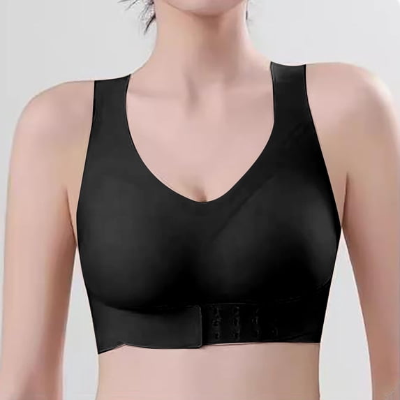 siminsem Wireless Front Closure Back Support Bra for Women, Breathable Posture Correction Bra Plus Size, X Shaped Full Coverage Corrective Support Bra, Black,M