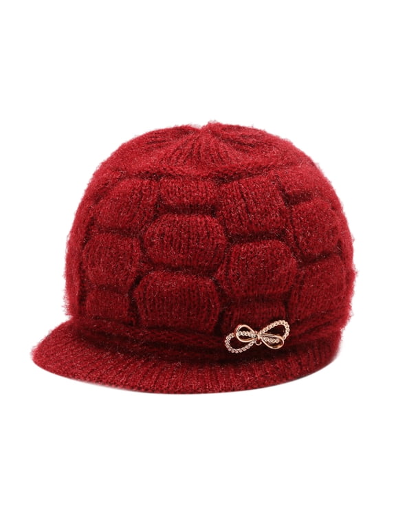 Women Beanie with Visor Winter Knit Hat Fleece Lined Ski Cap Slouchy Cable Knit Newsboy Warm Hat for Snow Cold Weather One Size, Red,One Size