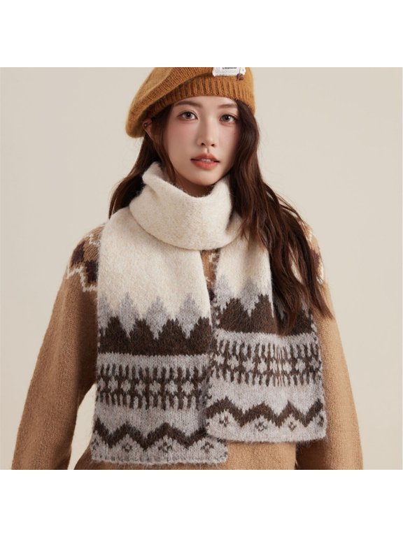 Women Fair Isle Color Block Knit Scarf Chunky Warm Winter Wrap - Oversized Thick Tassel Scarf, Soft Cozy Long Shawl for Cold Weather, One Size, Beige,One Size