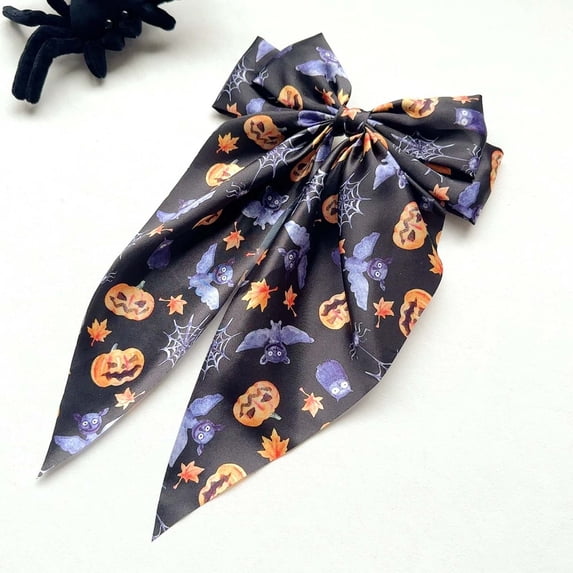 siminsem Women Halloween Hair Bows Clips Cute Pumpkin Ghost Bat Witch Hat Ribbon Hair Barrettes Large Bowknot Oversized Long Tail Party Hair Accessories 1 Pack, A,One Size