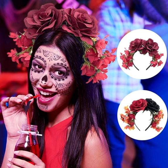 siminsem Women Halloween Rose Flower Headband Day of The Dead Mexican Skull Crown Floral Headpiece Cosplay Hair Accessory Gothic Black Red Orange Rose for Party 1 Pack, T,One Size