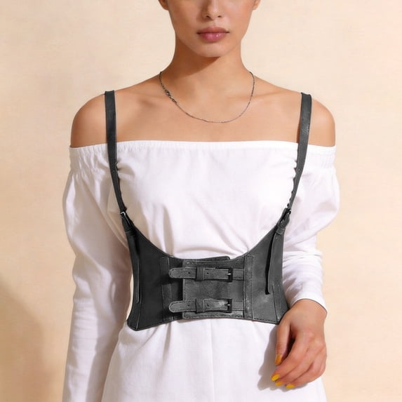 siminsem Women Harness Waist Cincher Belt Punk Gothic Wide Corset Belt with Adjustable Straps - Faux Leather Body Shaping Wide Waistband for Dresses Outfits Plus Size Streetwear Gift, Black,L
