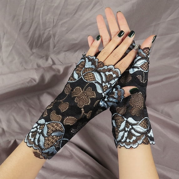 siminsem Women Lace Fingerless Gloves Short Breathable Half Finger Open Gloves - Fashion Stretchy Driving Sunscreen Gloves with Lace Trim for Summer Car One Size Gift, Black,One Size