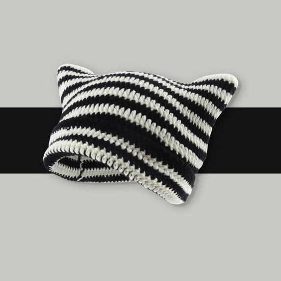 siminsem Women Slouchy Cat Ear Beanie Y2K Striped Knitted Winter Hat - Soft Warm Crochet Skull Cap with Cute Ears for Cold Weather Outdoor One Size Gift, White,One Size