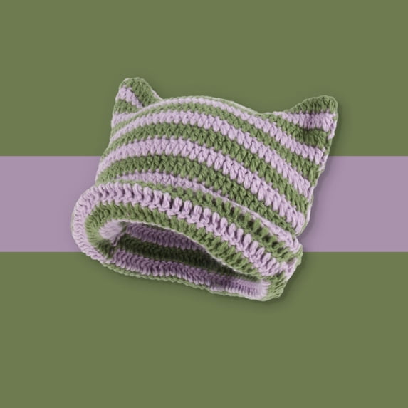 siminsem Women Winter Cat Ear Knit Beanie Slouchy Crochet Hat with Striped Pattern - Soft Warm Cute Ears Skull Cap for Cold Weather Y2K Style One Size Gift, Purple,One Size