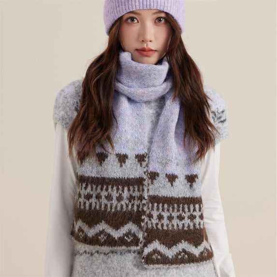 siminsem Women Winter Chunky Fair Isle Scarf Color Block Tassel Wrap - Oversized Thick Warm Knit Scarf, Soft Cozy Long Shawl for Cold Weather, One Size, Purple,One Size