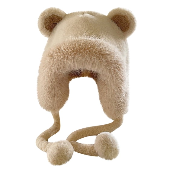 siminsem Women Winter Windproof Faux Fur Hood Hat Thick Plush Fleece Lined Beanie - Warm Fluffy Earflap Trapper Cap for Ski Outdoor Cold Weather One Size, Beige,One Size