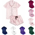 thumbnail image 1 of siminsem Women's 2 Piece Pajama Set Short Sleeve Button Down Top and Shorts Soft Summer Sleepwear Lounge Set with Pockets Notch Collar Drawstring Waist Pajama Gift for Her, Red,L, 1 of 7