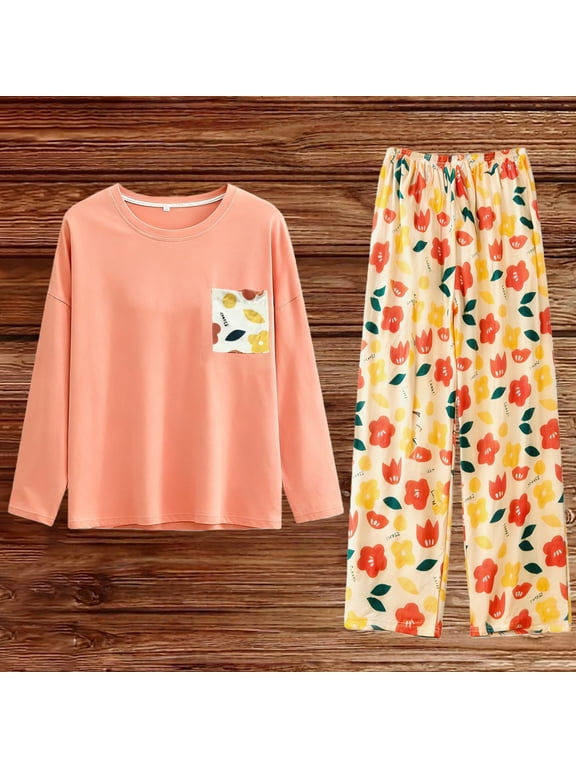 Women's 2 Piece Printed Fleece Pajama Set Long Sleeve Pullover Top & Elastic Waist Pants Soft Warm Loungewear Plush Sleepwear Cozy Winter Nightwear for Home Relax S-XXL, Orange,XXL
