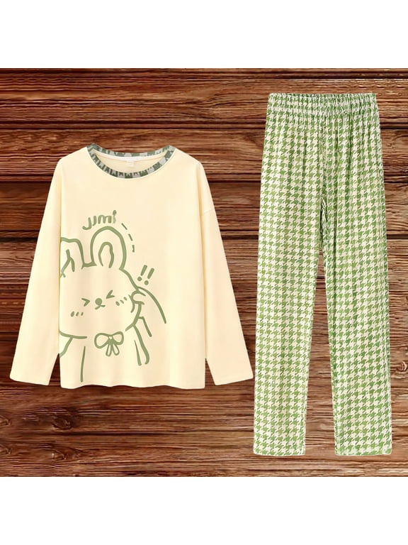 Women's 2 Piece Printed Fleece Pajama Set Long Sleeve Pullover Top & Elastic Waist Pants Soft Warm Loungewear Plush Sleepwear Cozy Winter Nightwear for Home Relax S-XXL, Green,XXXL