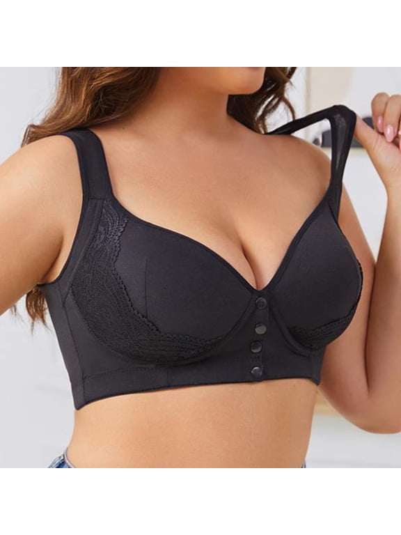 Women's Breathable Wireless Bra Front Snap Closure No Underwire Full Coverage Lace Trim Everyday Comfort Bra Soft Support for Daily Use, Black,44D