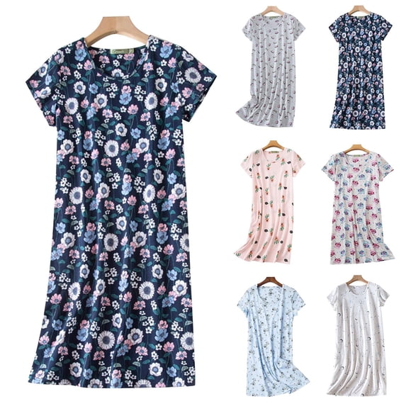 siminsem Women's Cute Cartoon Print Cotton Pajama Set Plus Size Short Sleeve Round Neck Nightwear Knitted Lounge 2 Piece Sleepwear with Elastic Waist Pants S-5XL, Dark Blue,L