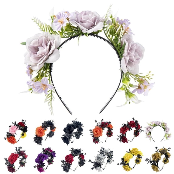 siminsem Women's Day of the Dead Rose Crown Headband Mexican Floral Headpiece Halloween Wedding Hair Wreath Frida Kahlo Bohemian Flower Crown for Party Festival 1 Pack, AI,One Size