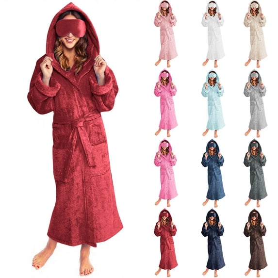 siminsem Women’s Fleece Robe with Pockets Plush Hooded Bathrobe Warm Soft Loungewear Long Spa Robe Lightweight Comfy Nightgown Wrap Robe with Tie Waist, Red,L