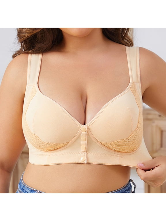 Women‘s Front Closure Wireless Bra Breathable Full Bust Support No Underwire Comfortable Soft Cup Bra Front Snap Closure for Everyday Wear, Beige,36A