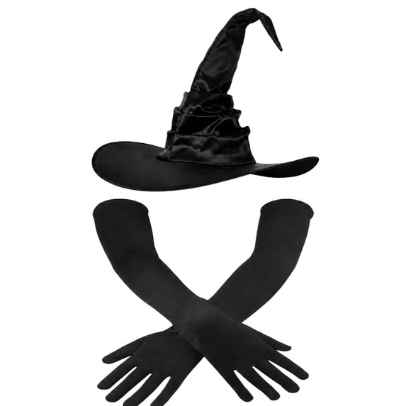 siminsem Women's Halloween Witch Hat with Long Gloves Ruched Oversized Wide Brim Pointed Cone Witches Hats Accessory Set for Adult Party Cosplay Masquerade, Dark Gray,One Size