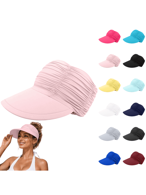 Women's Lightweight Foldable Ponytail Sun Visor Hat UPF 50+ Wide Brim Breathable Mesh Sports Cap Open Top Design Adjustable UV Protection Beach Hat for Golf Running, Pink,One Size