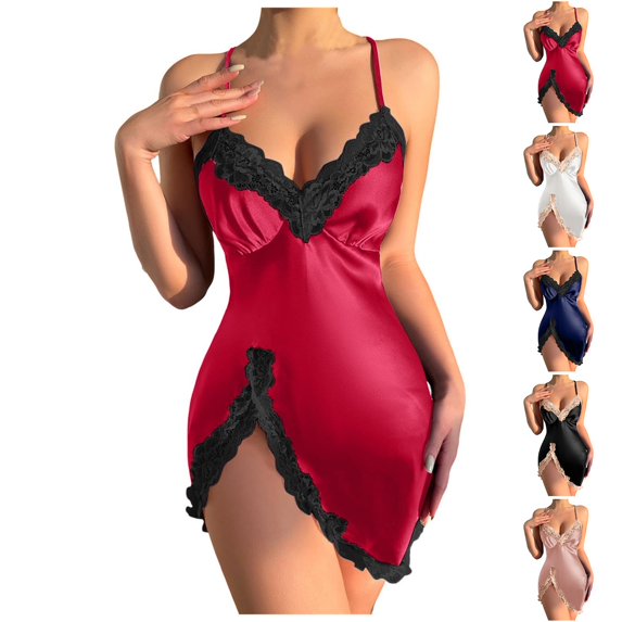 siminsem Women's Nightgown V Neck Lace Chemise Sleep Dress Adjustable Spaghetti Strap Sleeveless Slip Nightgown with Side Slit Soft Breathable Satin Sleepwear for Women, Red,L