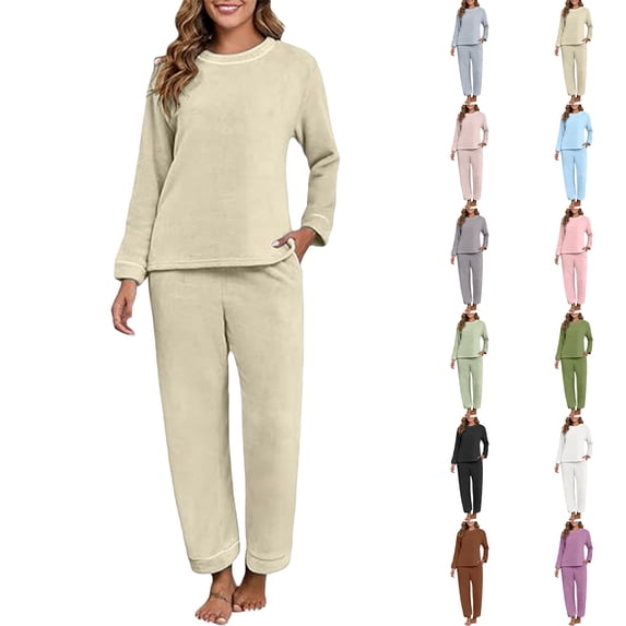siminsem Women's Pajama Set 2 Piece Soft Fleece Flannel Warm Winter Sleepwear Long Sleeve V-Neck Top and Pants Cozy Plush Loungewear with Pockets Christmas Gift for Her, Beige,L
