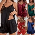 thumbnail image 1 of siminsem Women's Satin Pajama Set 2 Piece V Neck Camisole Top and High Waist Shorts Sleepwear with Adjustable Spaghetti Strap Lace Trim Nightwear for Honeymoon Bridal Party S-XXL, Black,L, 1 of 7