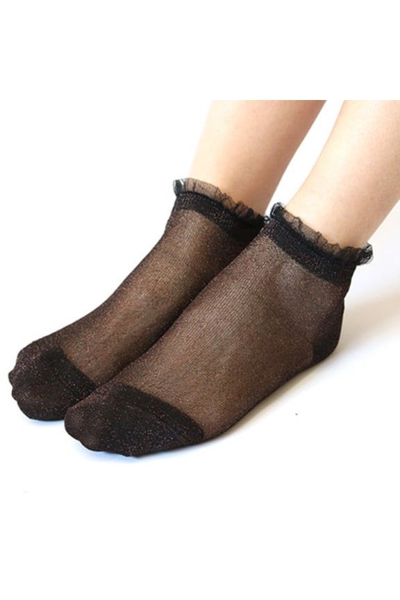 Women's Sheer Socks 6 Pairs Ultra Thin Silky Nylon Ankle Socks Summer Transparent Short Stockings with Shiny Glitter Breathable Lightweight Soft, Black,I