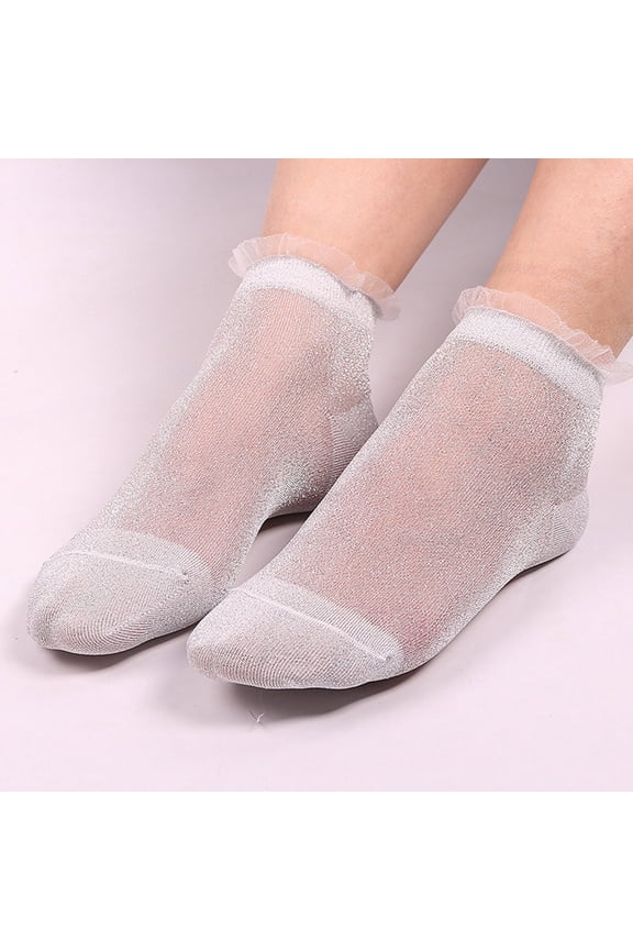 Women's Sheer Socks 6 Pairs Ultra Thin Silky Nylon Ankle Socks Summer Transparent Short Stockings with Shiny Glitter Breathable Lightweight Soft, White