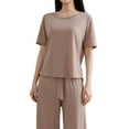 thumbnail image 1 of siminsem Women’s Summer 2 Piece Lounge Set Short Sleeve Pullover Top Wide Leg Pants with Pockets Loose Fit Casual Matching Outfits Elastic Drawstring Waist Travel Vacation Business Work, Khaki,L, 1 of 4