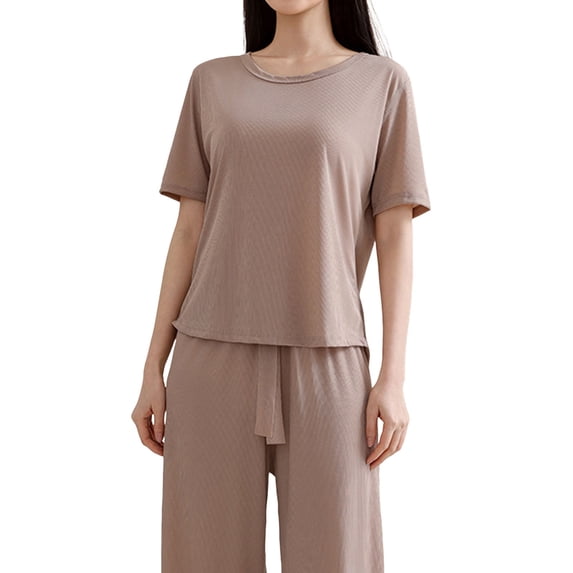 siminsem Women’s Summer 2 Piece Lounge Set Short Sleeve Pullover Top Wide Leg Pants with Pockets Loose Fit Casual Matching Outfits Elastic Drawstring Waist Travel Vacation Business Work, Khaki,L