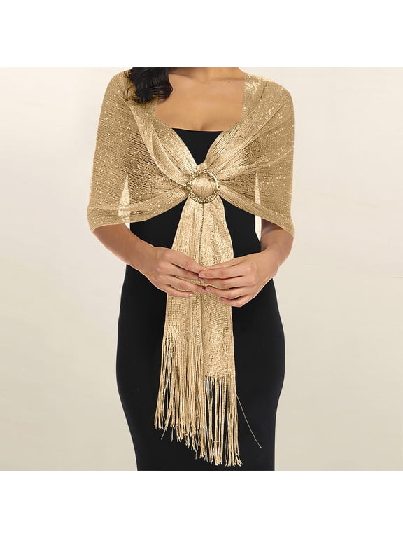 Women‘s Trendy Sparkly Sequin Shawl Bridal Cape Metallic Pashmina Wrap Fringed Scarf Cover Up for Wedding Evening Party Dressy Glamorous Stole 1 Pack, Yellow,One Size