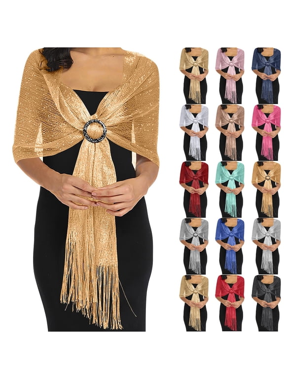 Women‘s Trendy Sparkly Sequin Shawl Bridal Cape Metallic Pashmina Wrap Fringed Scarf Cover Up for Wedding Evening Party Dressy Glamorous Stole 1 Pack, Gold,One Size