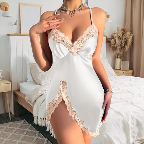 siminsem Women's V Neck Lace Nightgown Sleeveless Chemise Sleep Dress Adjustable Straps Slip Dress with Side Slit Soft Satin Sleepwear Lightweight Nightgown for Women, White,XXL