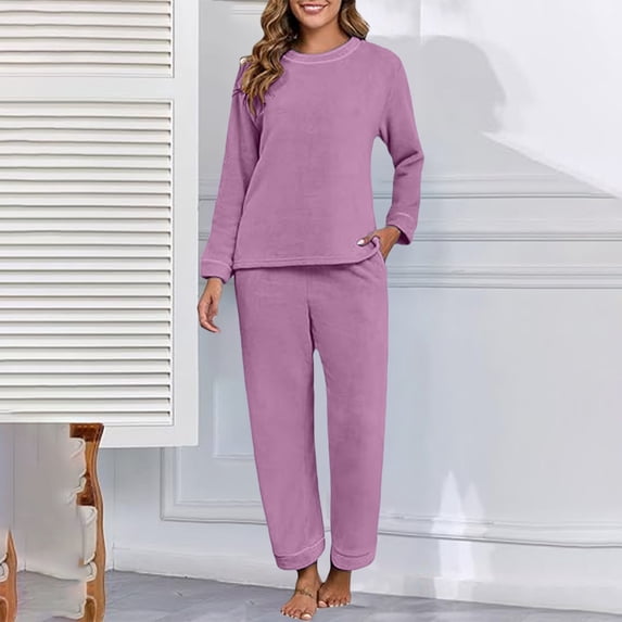 siminsem Women’s Winter Sleepwear Set Flannel Pajama Set Warm Fleece Pajamas 2 Piece Lounge Set Soft Fluffy Pajama Set Plush Loungewear Sleepwear Fuzzy Pajama Set with Pockets, Purple,M