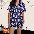 thumbnail image 1 of siminsem Womens Satin Pajama Set Graphic Printed Cute Button Down Short Sleeve Sleepwear Top with Soft Lounge Shorts Lightweight Loungewear Two Piece Pjs for Home, Purple,S, 1 of 7