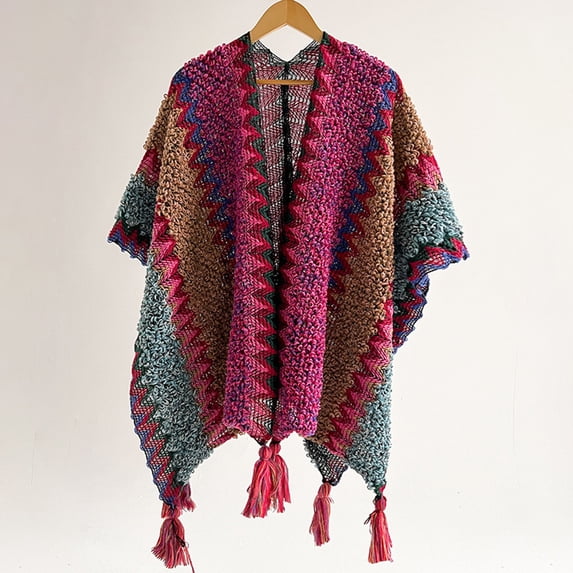 siminsem Womens Thick Knitted Tassel Shawl Scarf Retro Split Wrap Fall Winter Warm Chunky Fringed Shoulder Cape Lightweight One Size, Hot Pink,One Size