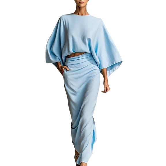 WCJM Women's Long Sleeve T-Shirt Linen Blend Batwing Sleeve Loose Top and Casual Pocket Skirt Set Women's Loose Fit T Shirts Cotton Casual Crew Neck Long Sleeve Tops