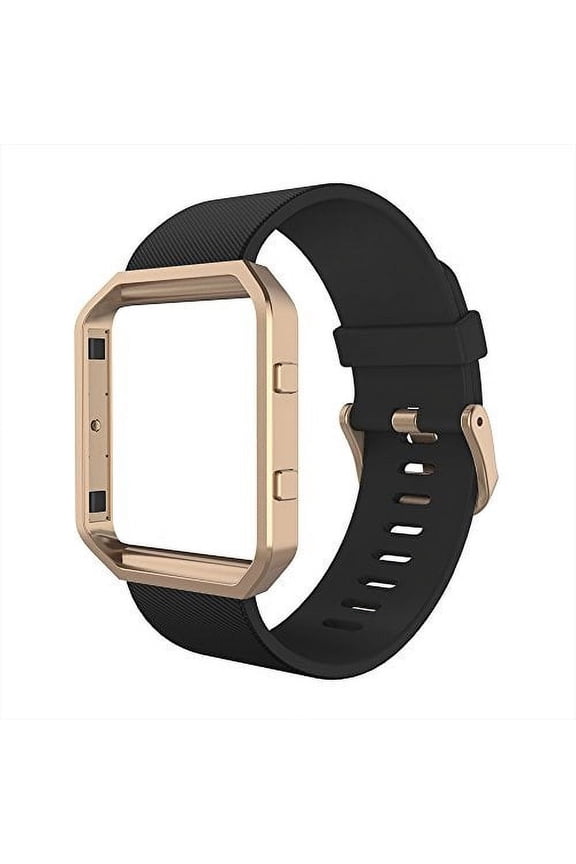 band compatible with fitbit blaze, silicone replacement wrist strap with meatl frame replacement for fitbit blaze, small, black+rose gold frame